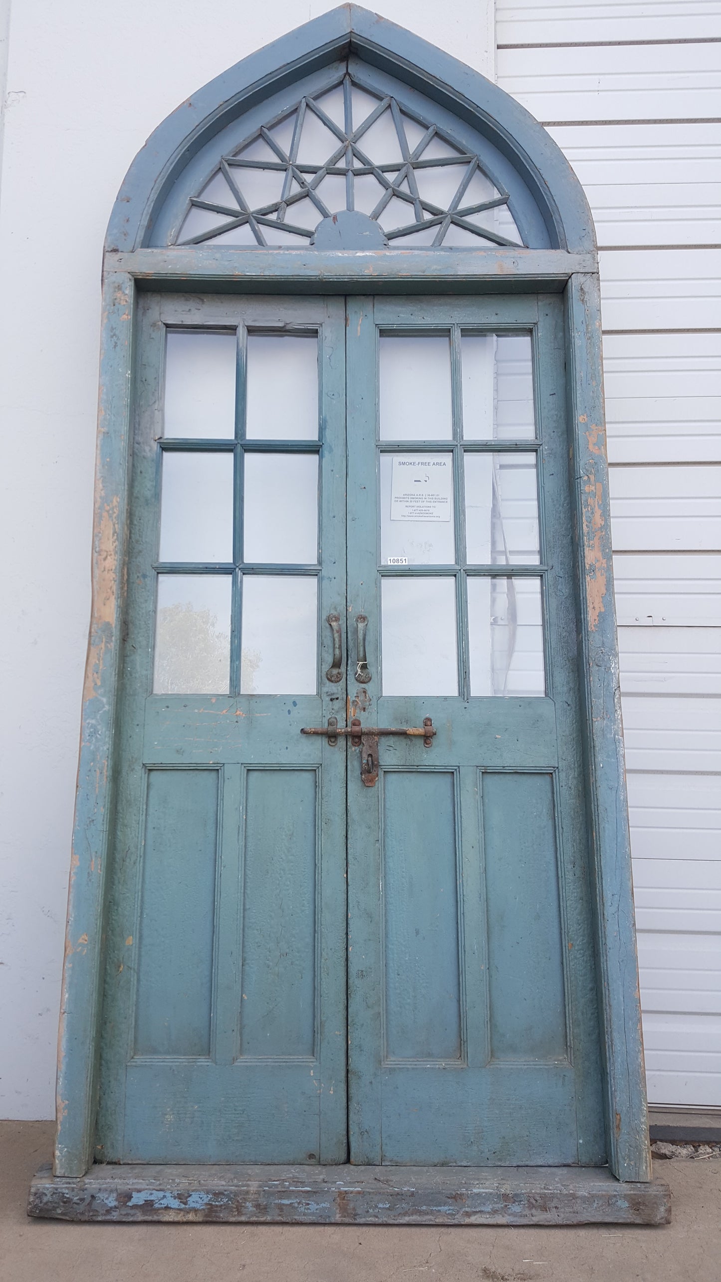 Pair of 2 Panel 6 Lite Blue Antique Doors with Spiderweb Transom