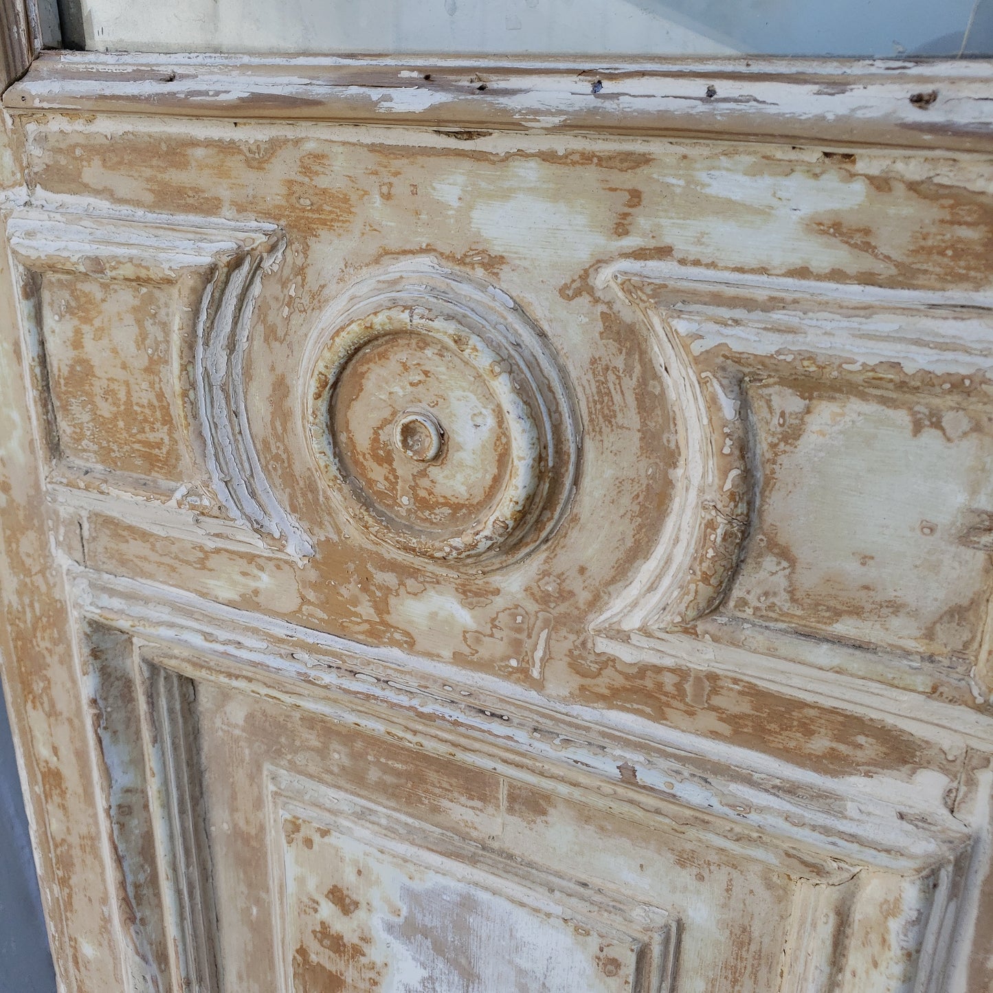 Pair of Washed Wood Single Lite Carved Antique Doors