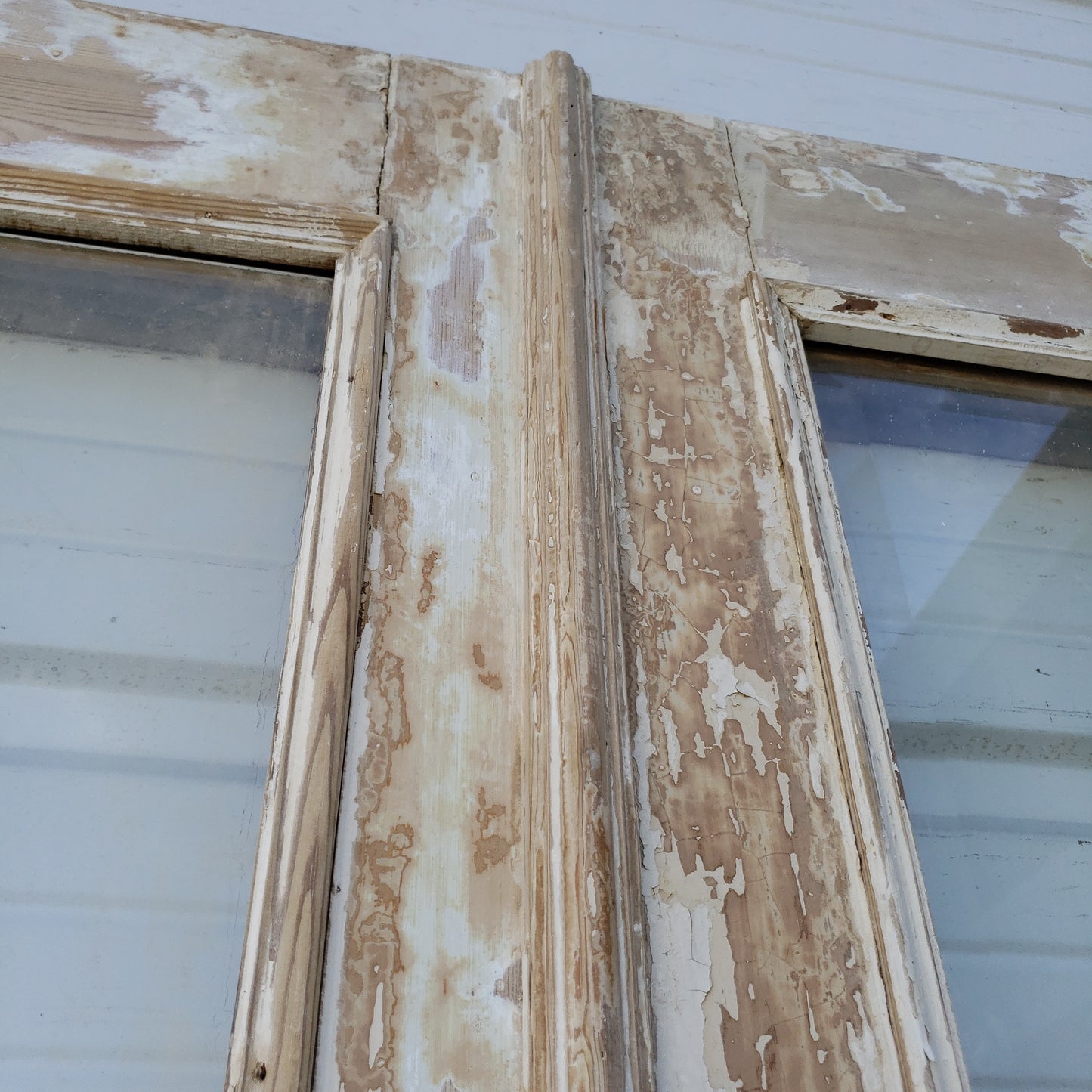 Pair of Washed Wood Single Lite Carved Antique Doors