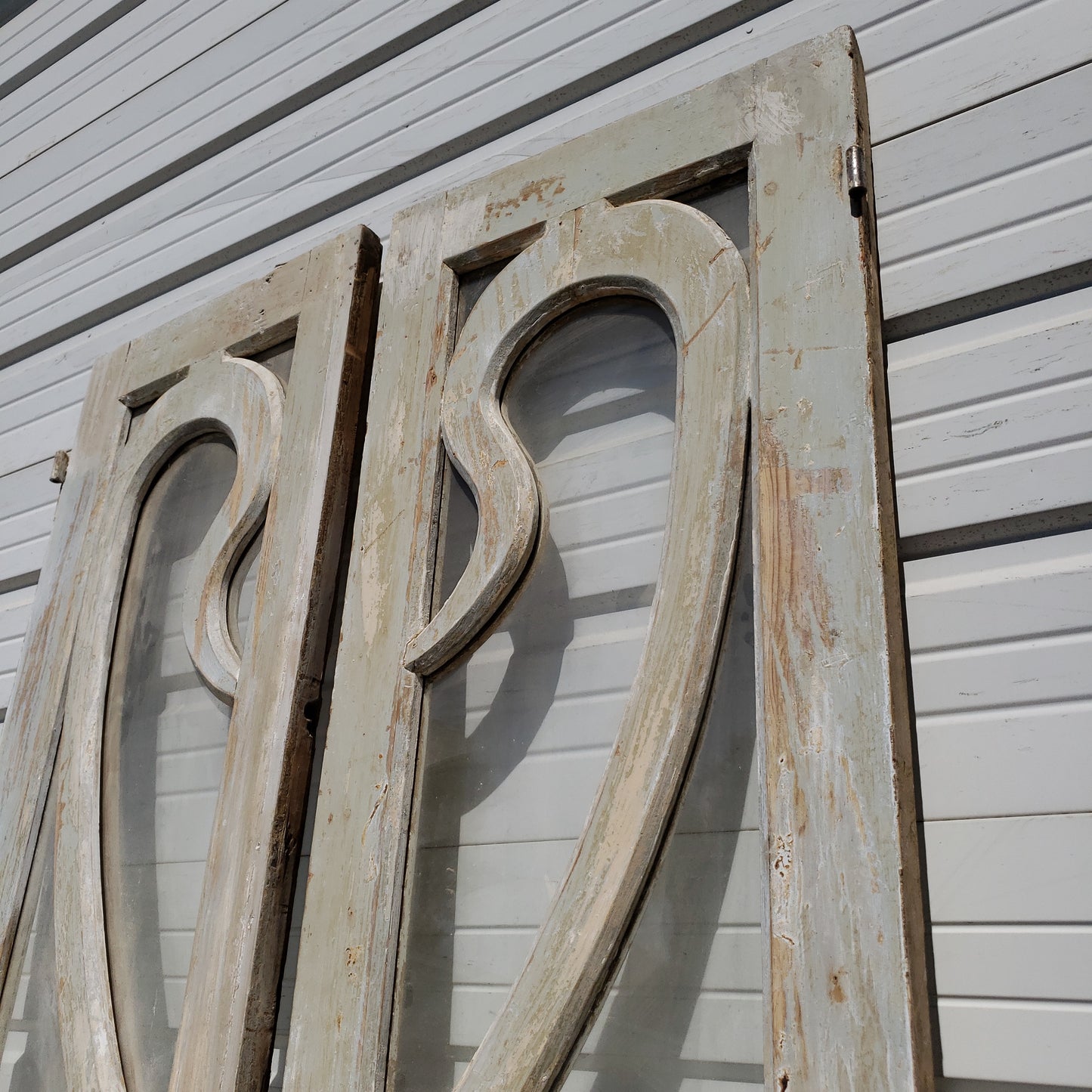Pair of Painted Wood Multi-Lite Carved Antique Doors
