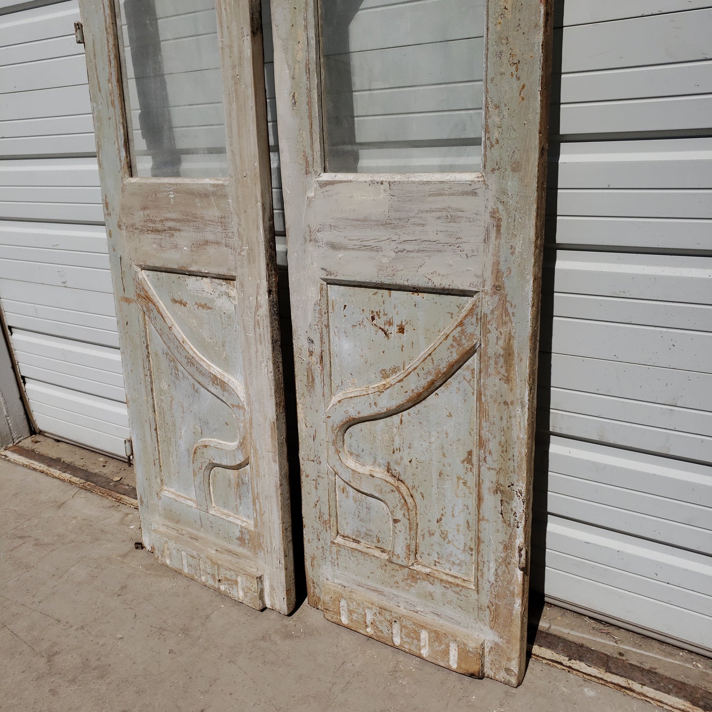 Pair of Painted Wood Multi-Lite Carved Antique Doors
