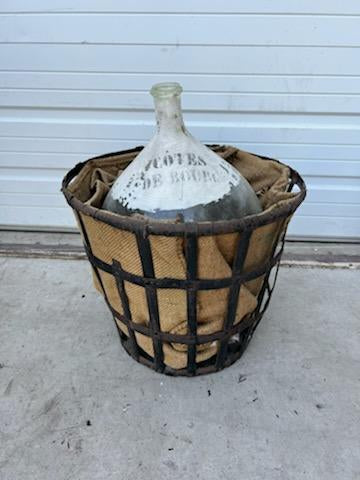 Large French Demijohn in Metal Basket