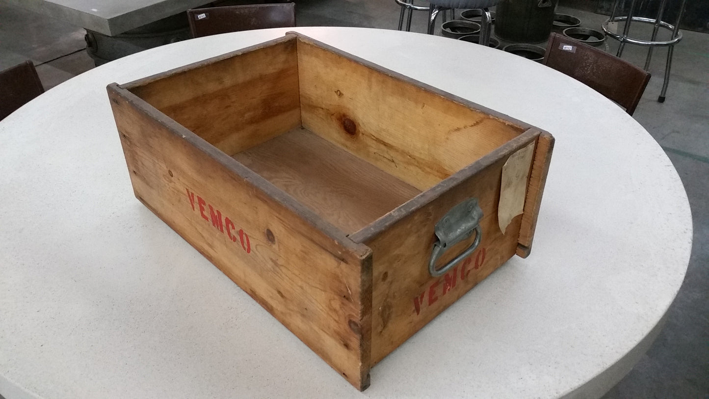 "Vemco", Stackable Wood Crate with Metal Handles