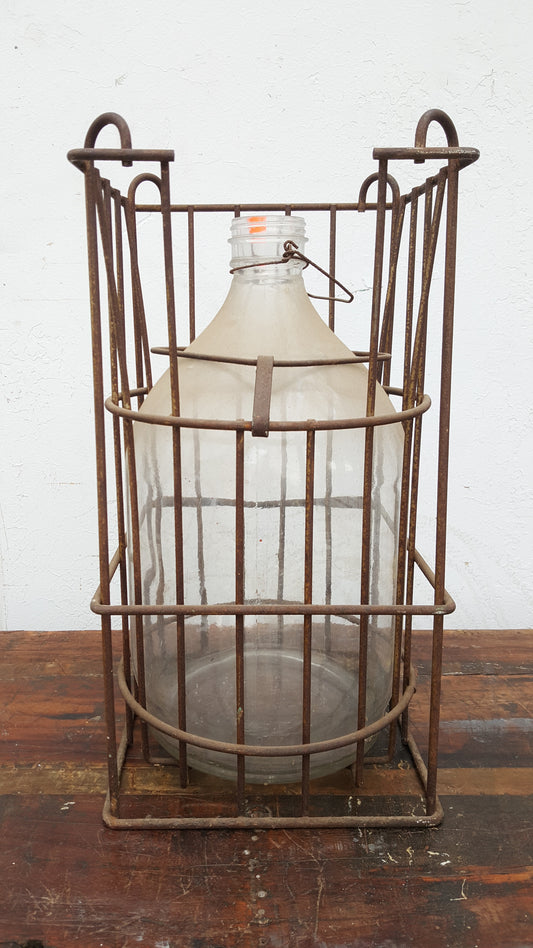 Antique Clear Bottle in Metal Crate