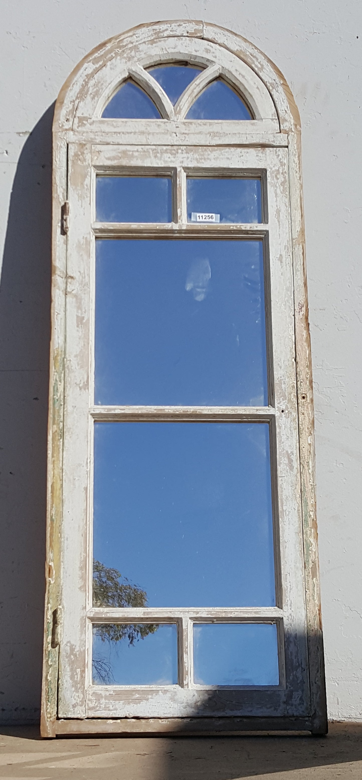 9 Pane White Wood Mirrored Window with Arched Style Transom