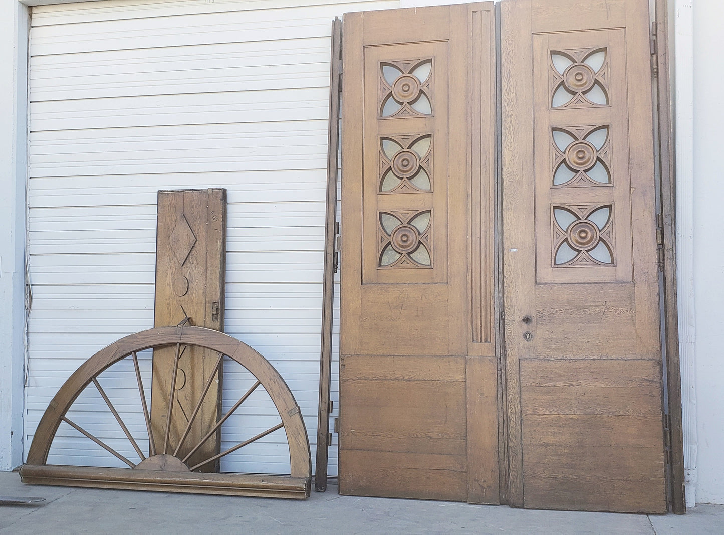 Antique Pair of Wood Carved Doors and Transom