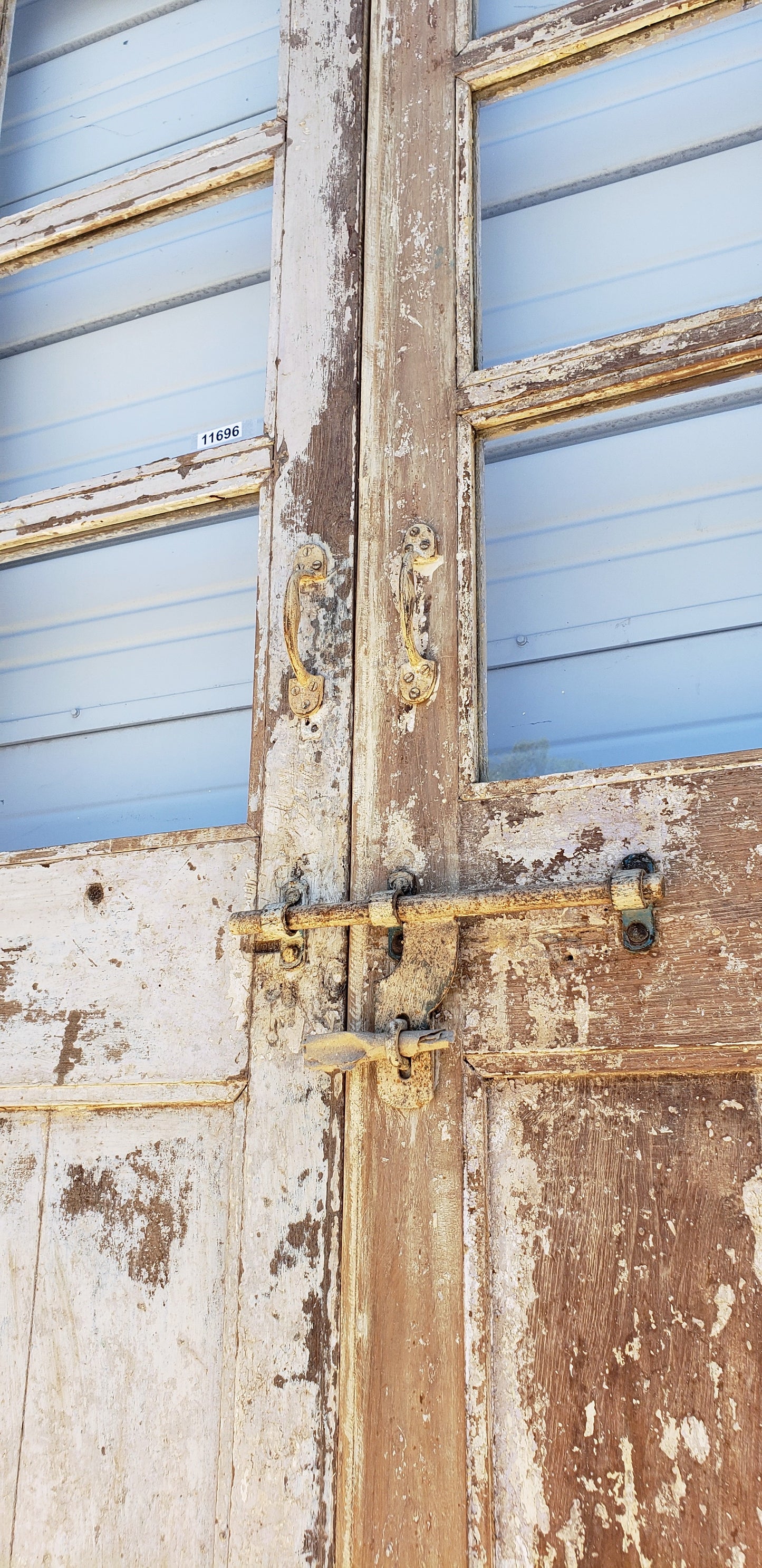 Pair of 2 Panel 3 Lite Painted Wood Antique Doors with Transom