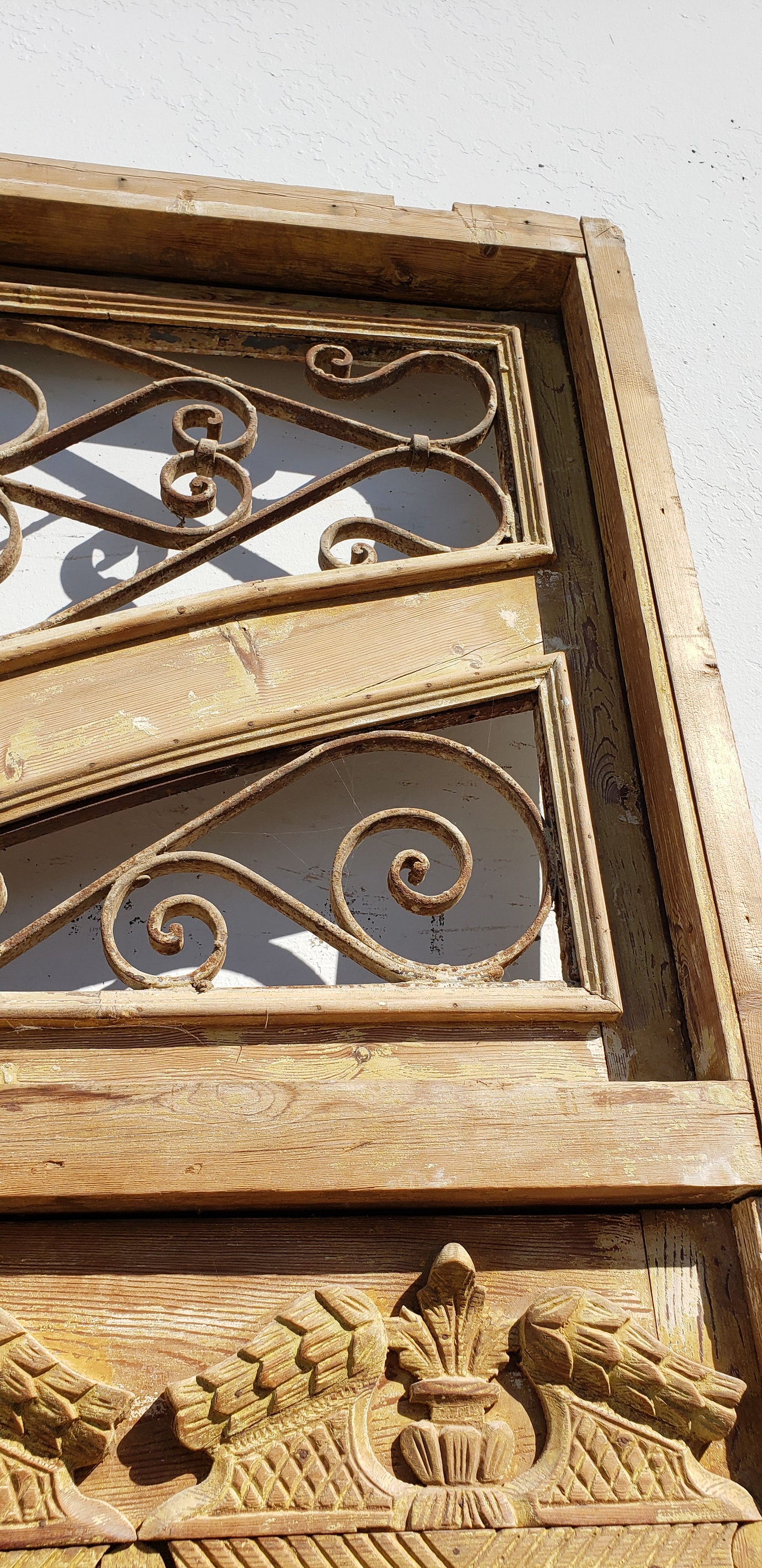 Pair of Scrollwork Iron Insert Carved Wood Frame Antique Doors & Transom