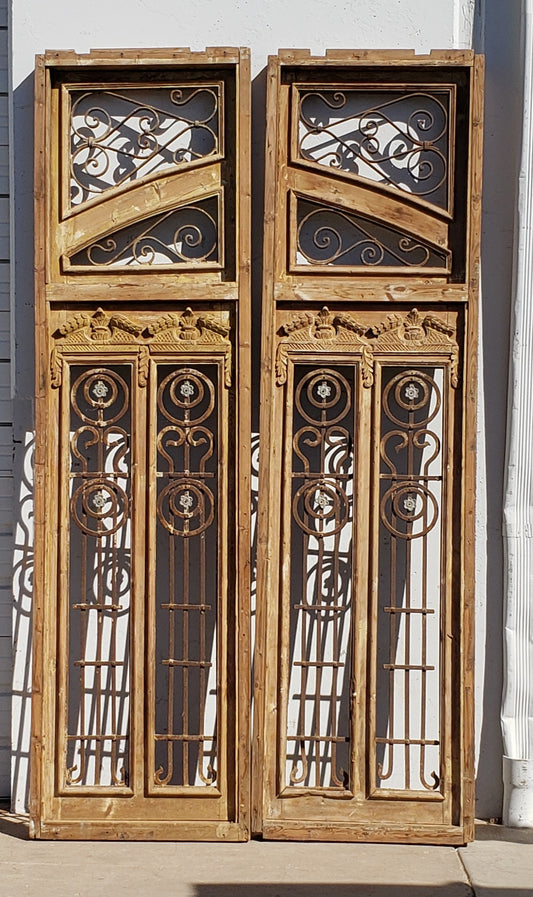 Pair of Scrollwork Iron Insert Carved Wood Frame Antique Doors & Transom