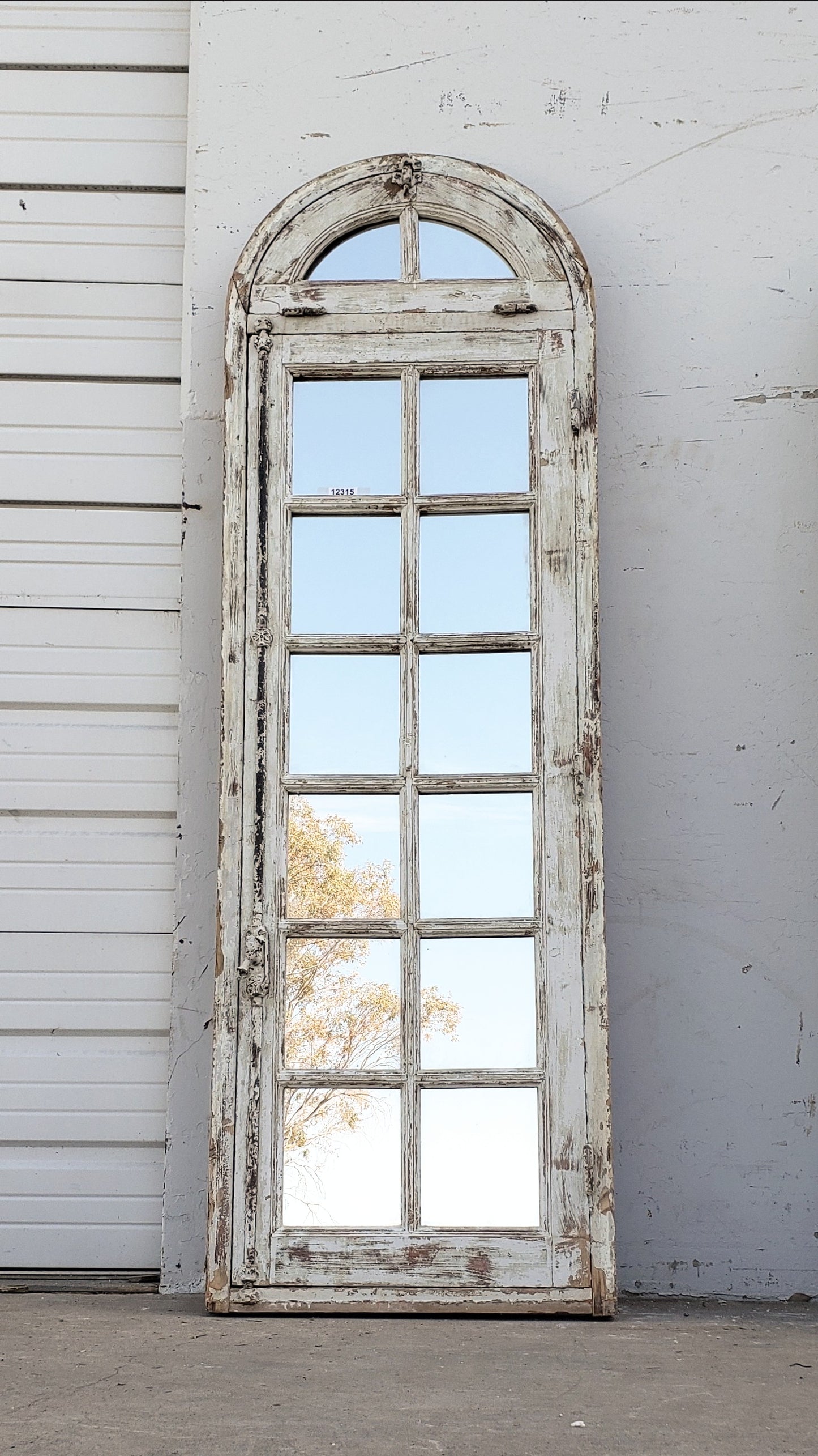 14 Pane Repurposed Arched Mirrored Window with Transom
