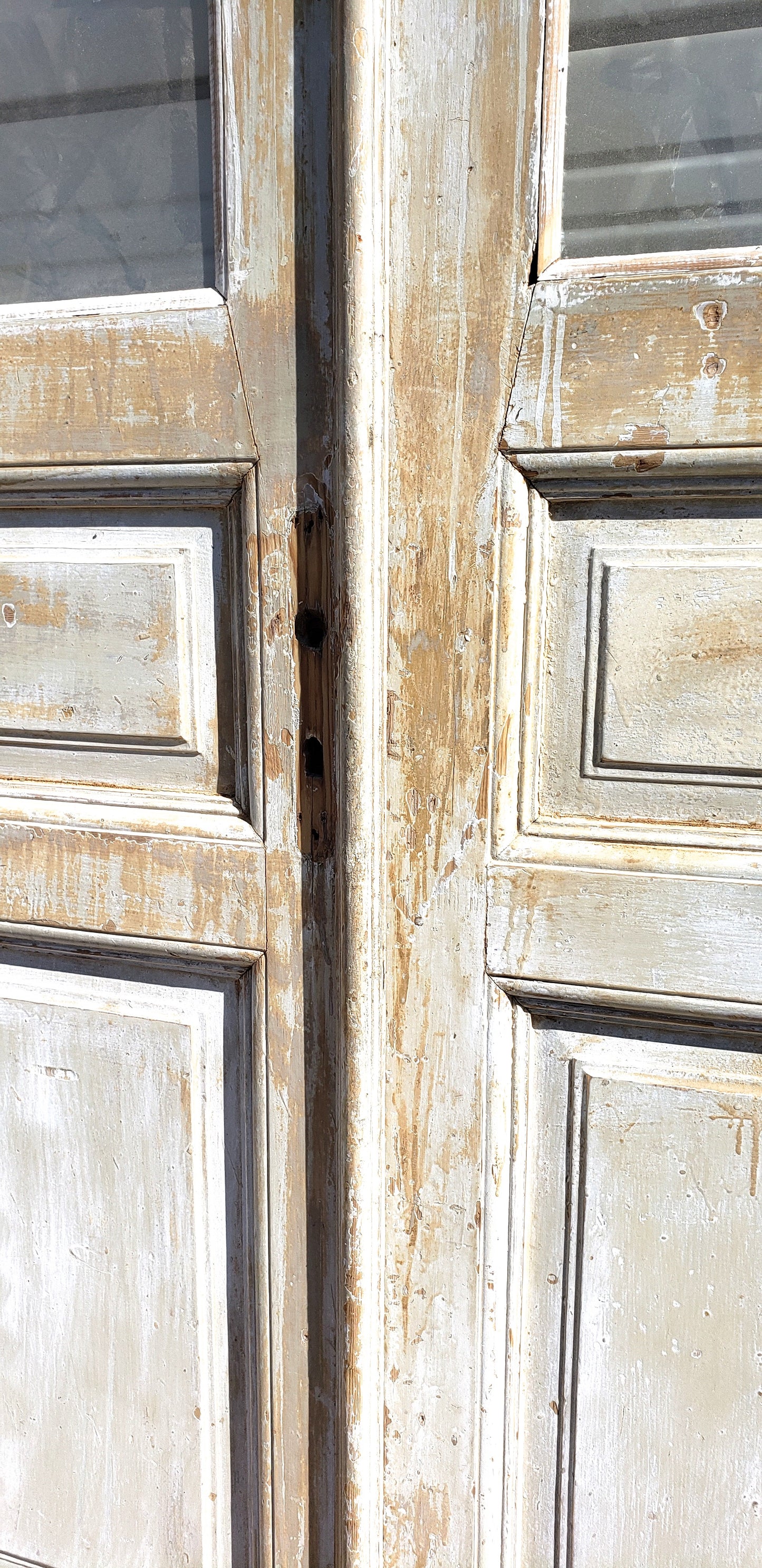 Pair of 2 Panel 5 Lite Washed Wood French Antique Doors