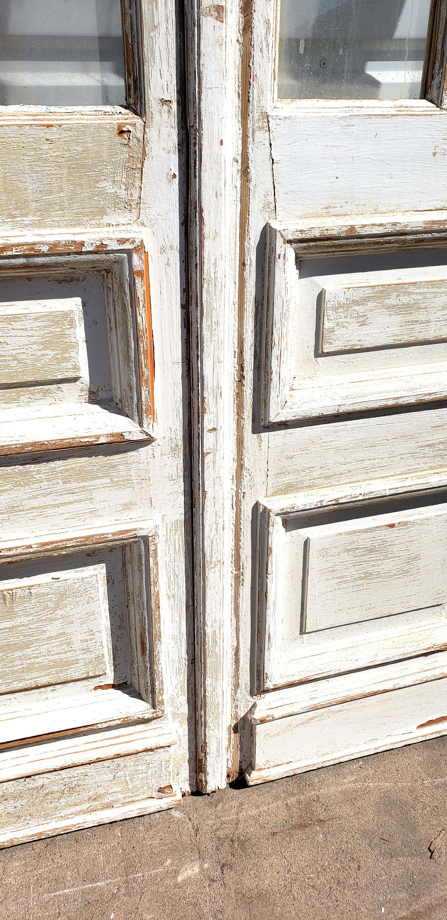 Pair of 2 Panel 7 Lite Washed Wood French Antique Doors