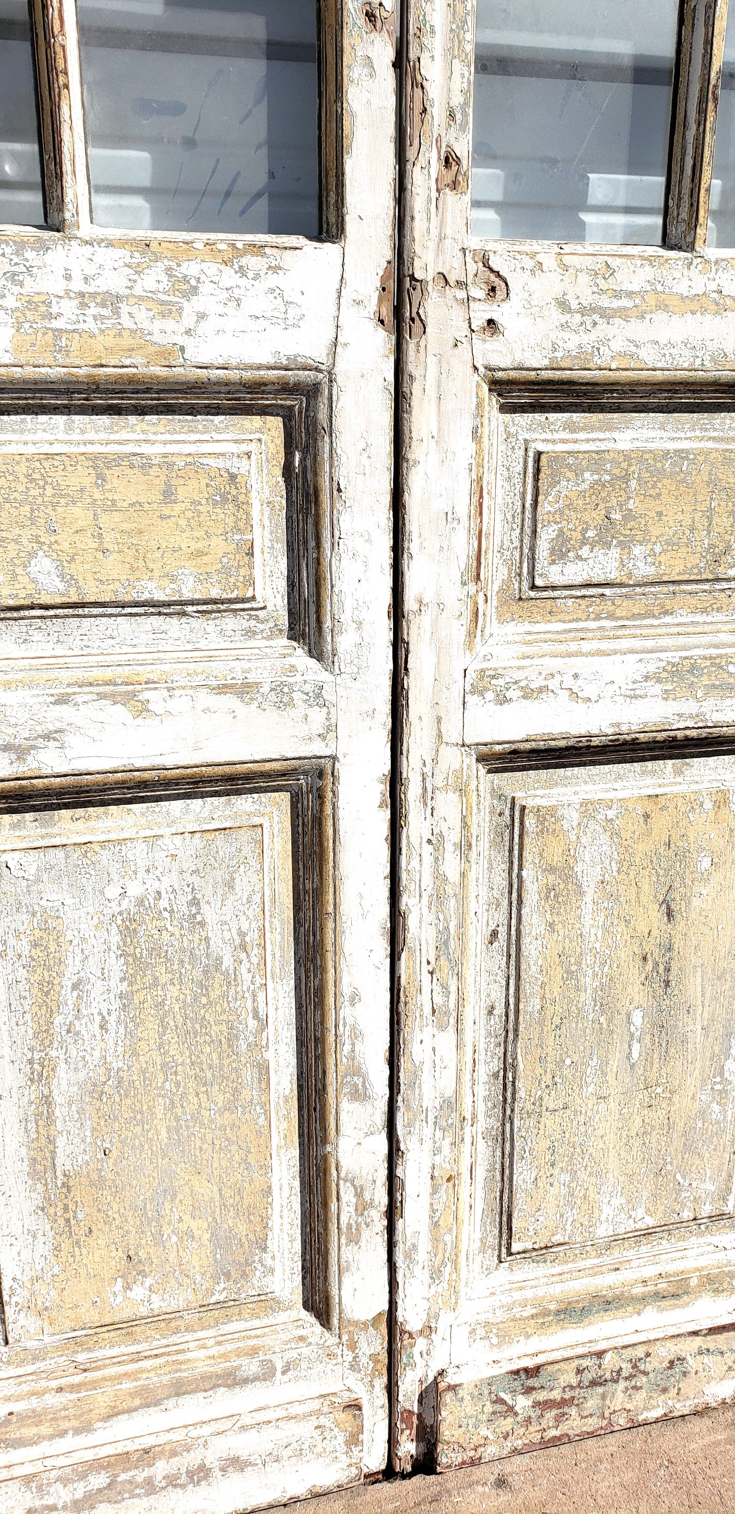 Pair of 2 Panel 5 Lite Washed Wood French Antique Doors