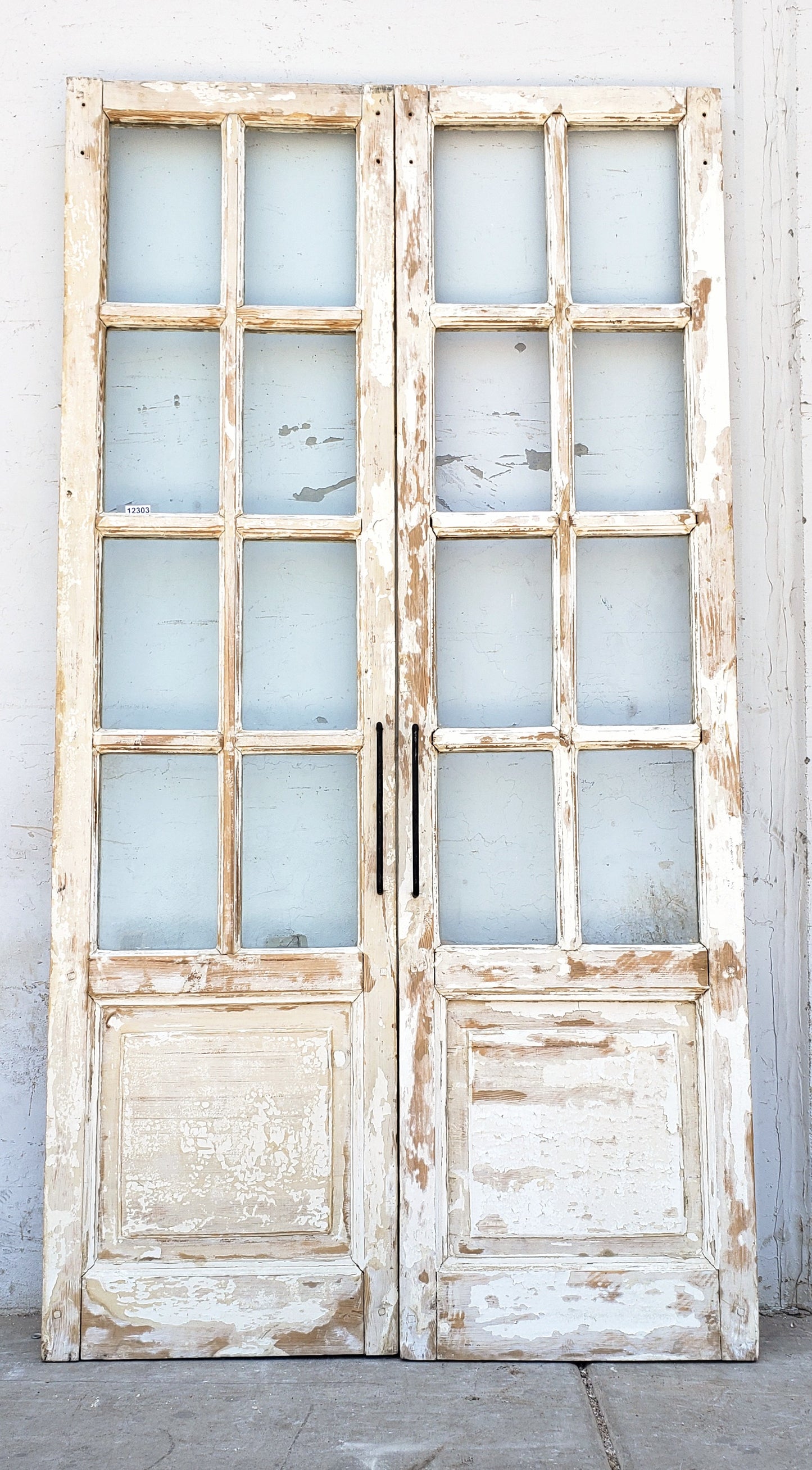 Pair of 8 Lite White Washed Wood French Antique Doors