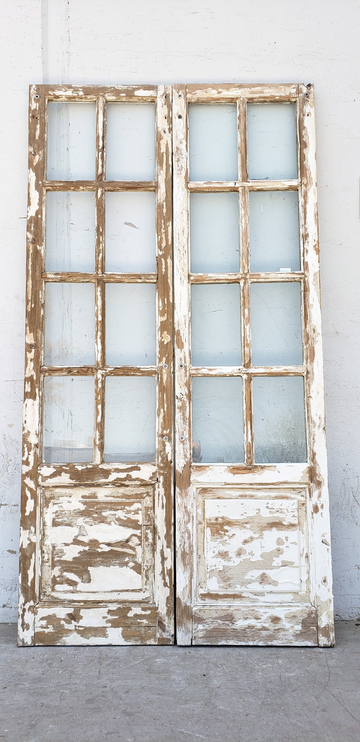 Pair of 8 Lite White Washed Wood French Antique Doors