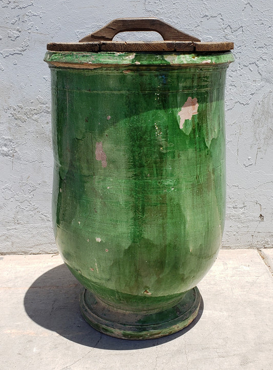 Large Anduze Green Glazed Storage Crock with Lid From Provence