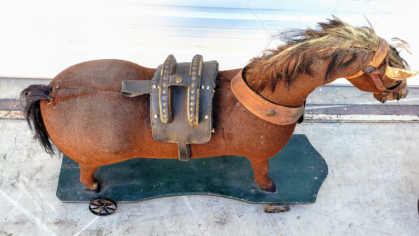 Antique Children's Felt Horse on Wheels