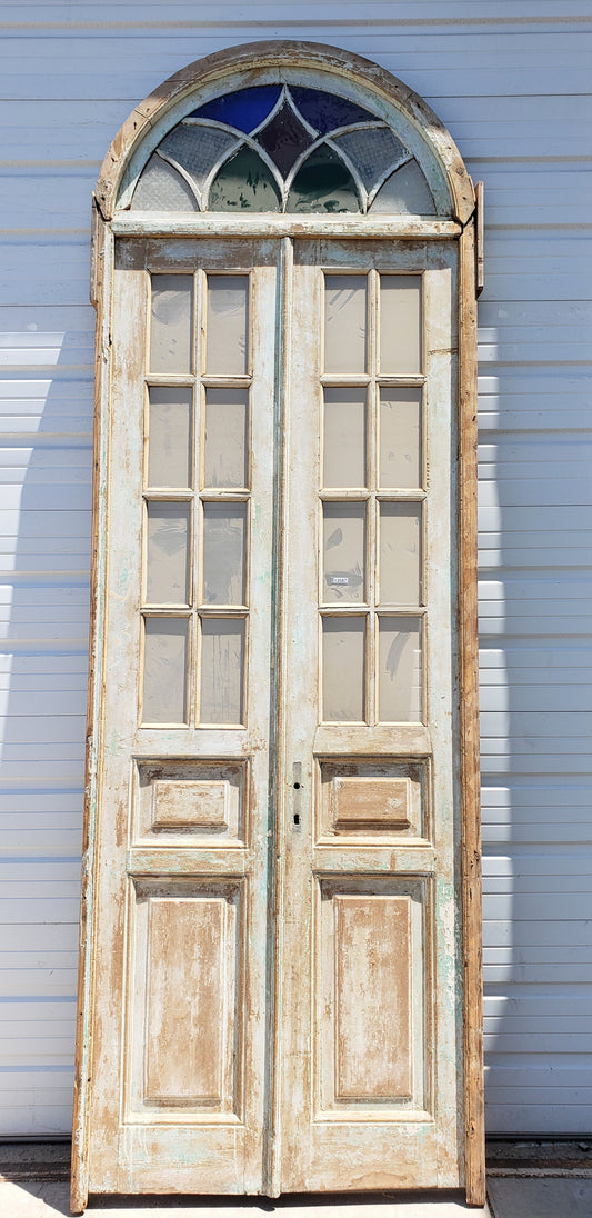 Pair of 8-Lite Wood Antique Doors with Stained Glass Arched Transom
