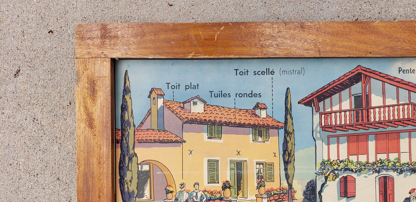 Vintage French Framed School Poster "Maisons Regionales"