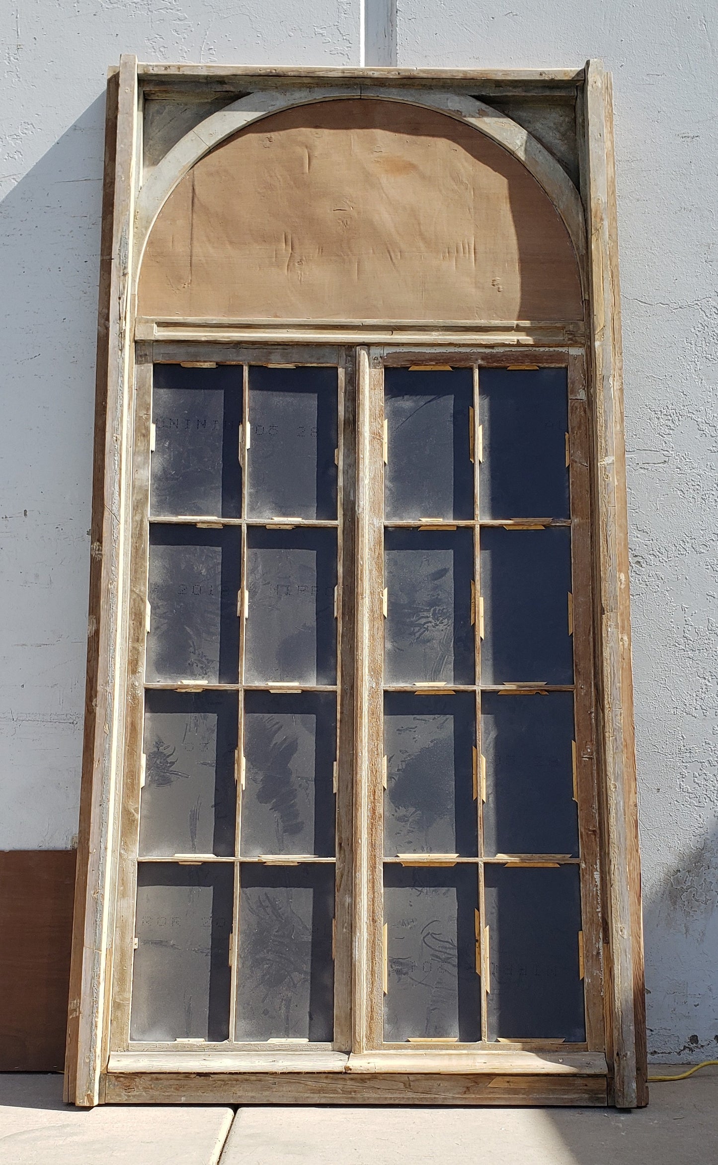 Pair of 8 Pane Mirrored French Windows with Arched Style Transom
