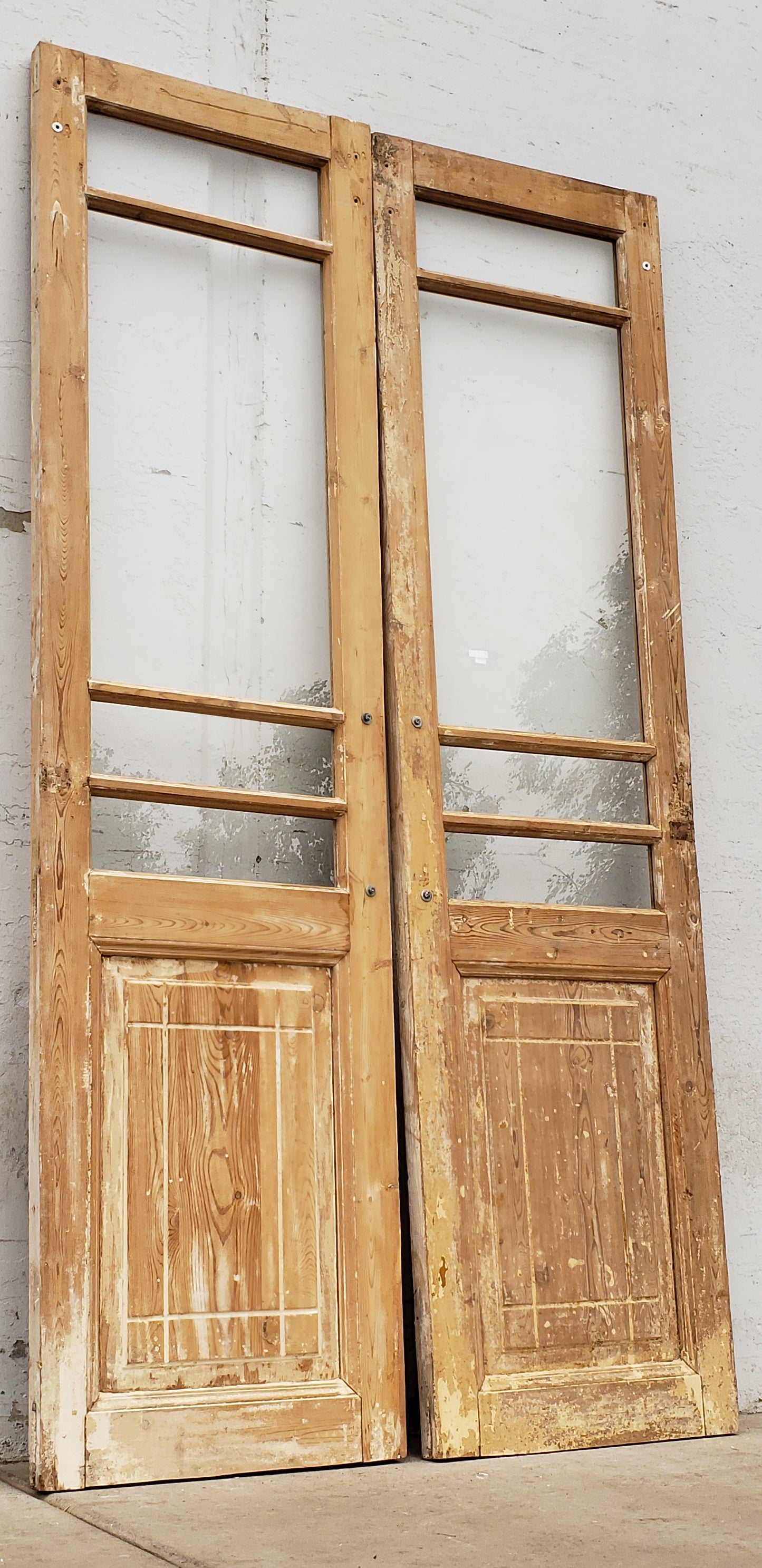 Pair of Washed Antique Wood 4-Lite Doors