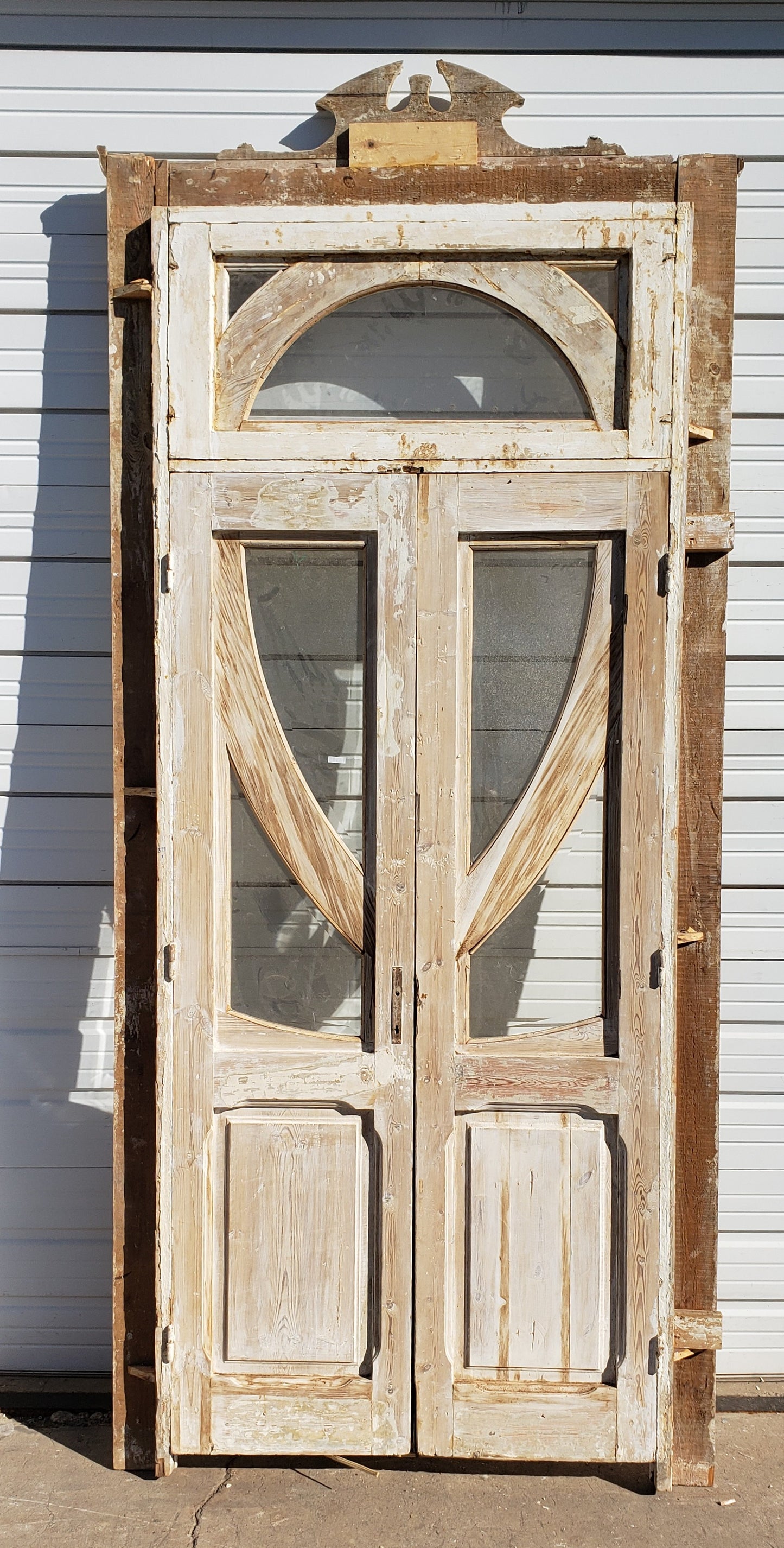 Pair of 2 Lite Antique Painted Doors in Frame with Transom Window