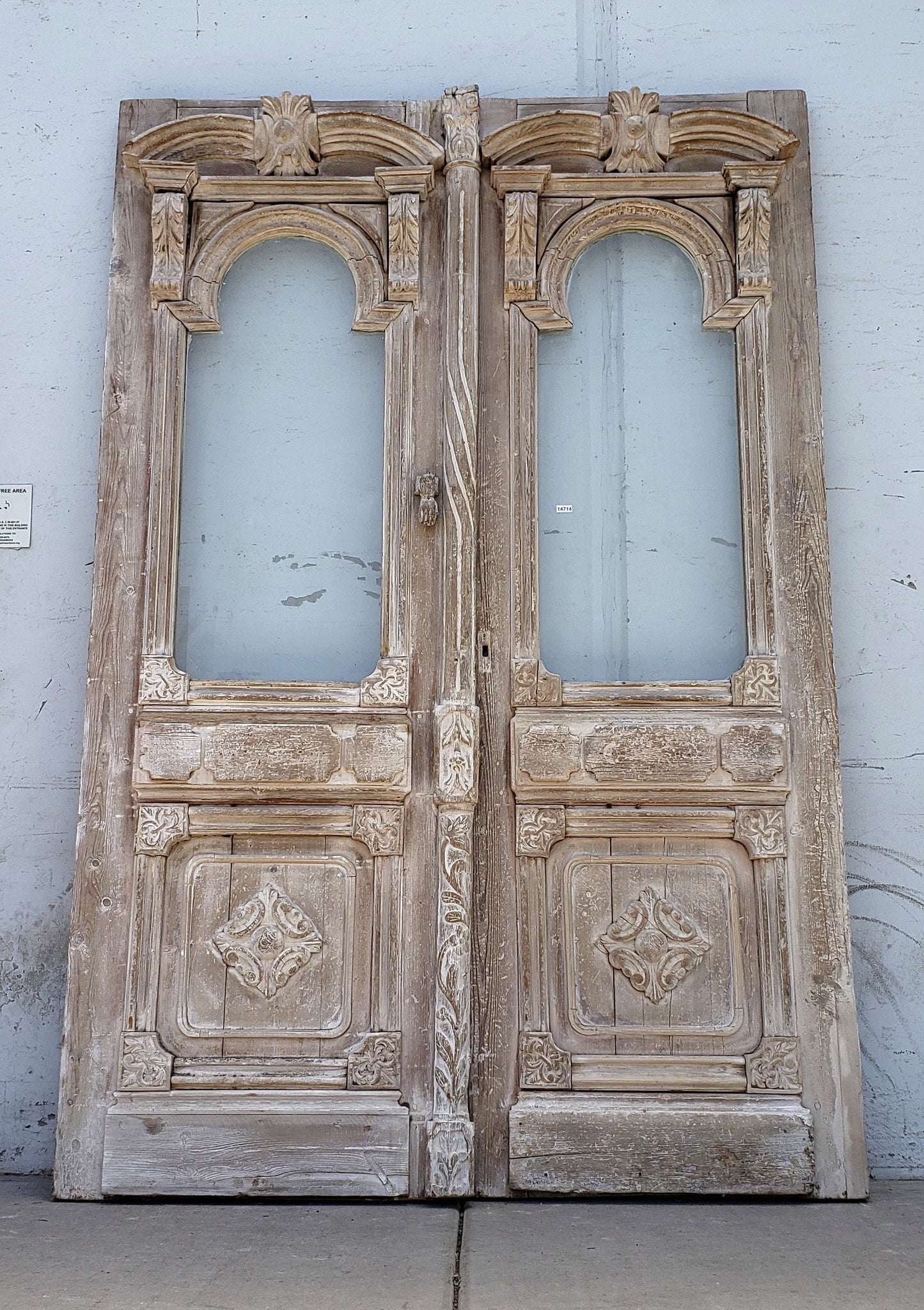 Pair of Washed Antique Carved Doors w/2 Lites
