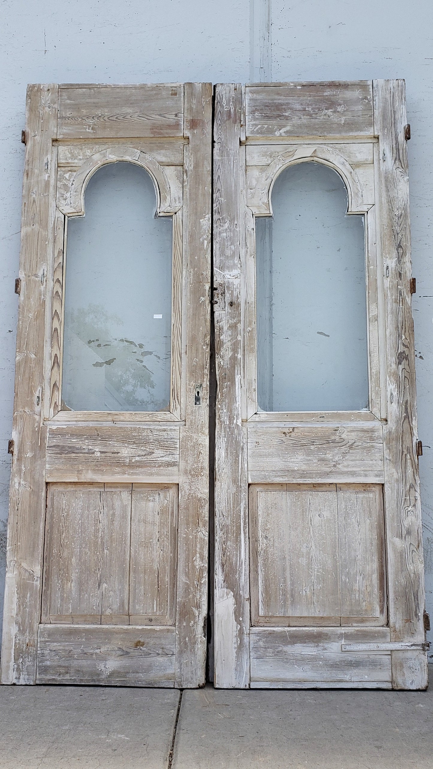 Pair of Washed Antique Carved Doors w/2 Lites