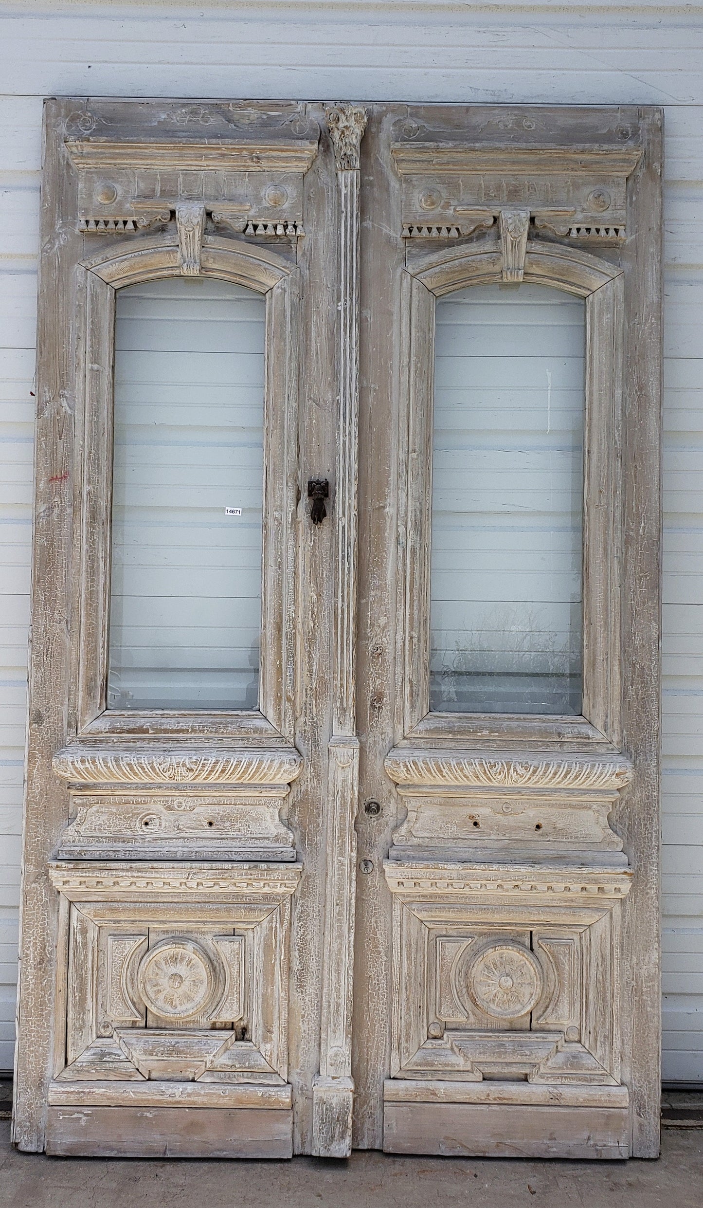 Pair of Washed Antique Entrance Carved Doors w/2 Lites