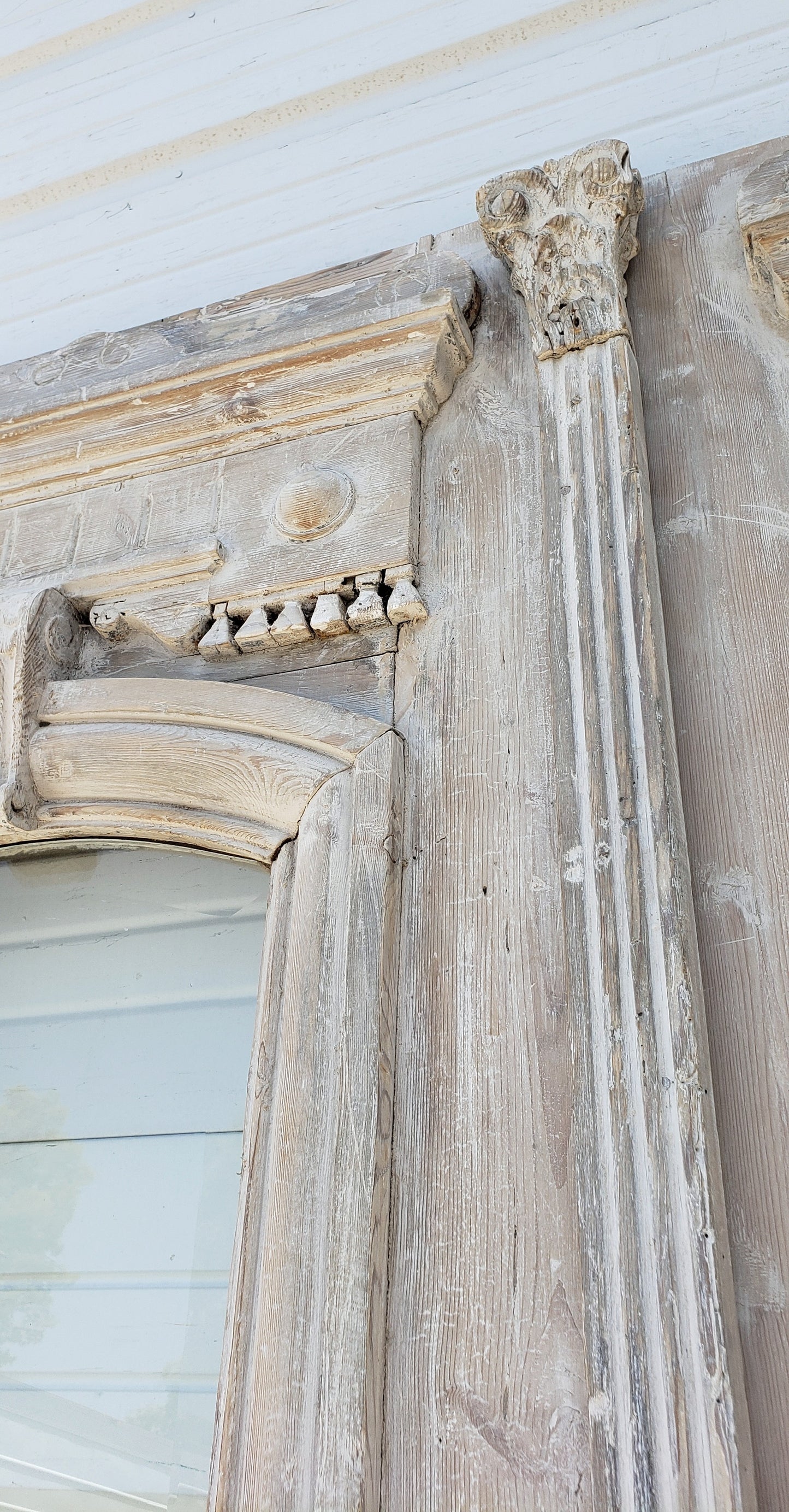 Pair of Washed Antique Entrance Carved Doors w/2 Lites