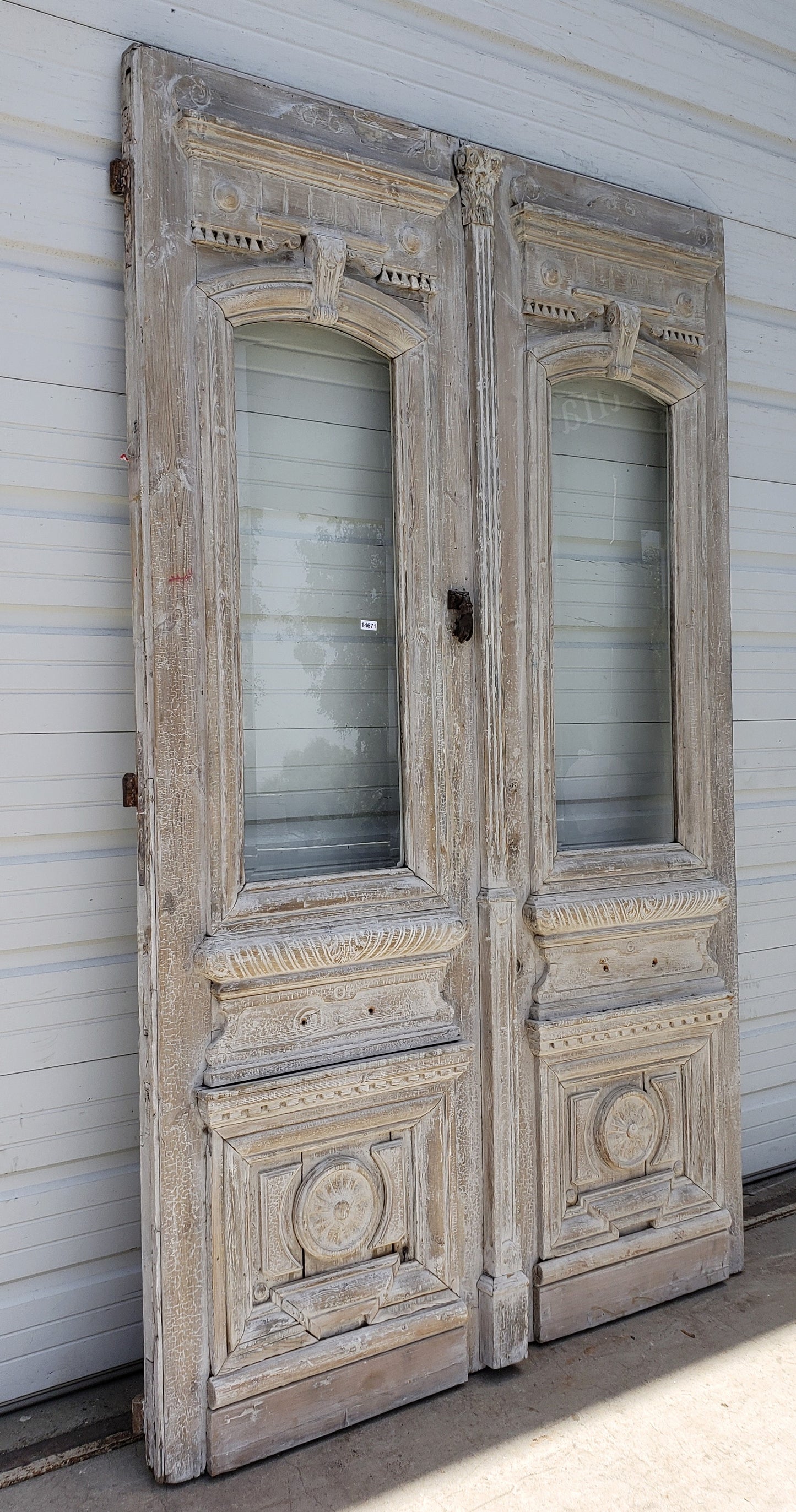 Pair of Washed Antique Entrance Carved Doors w/2 Lites