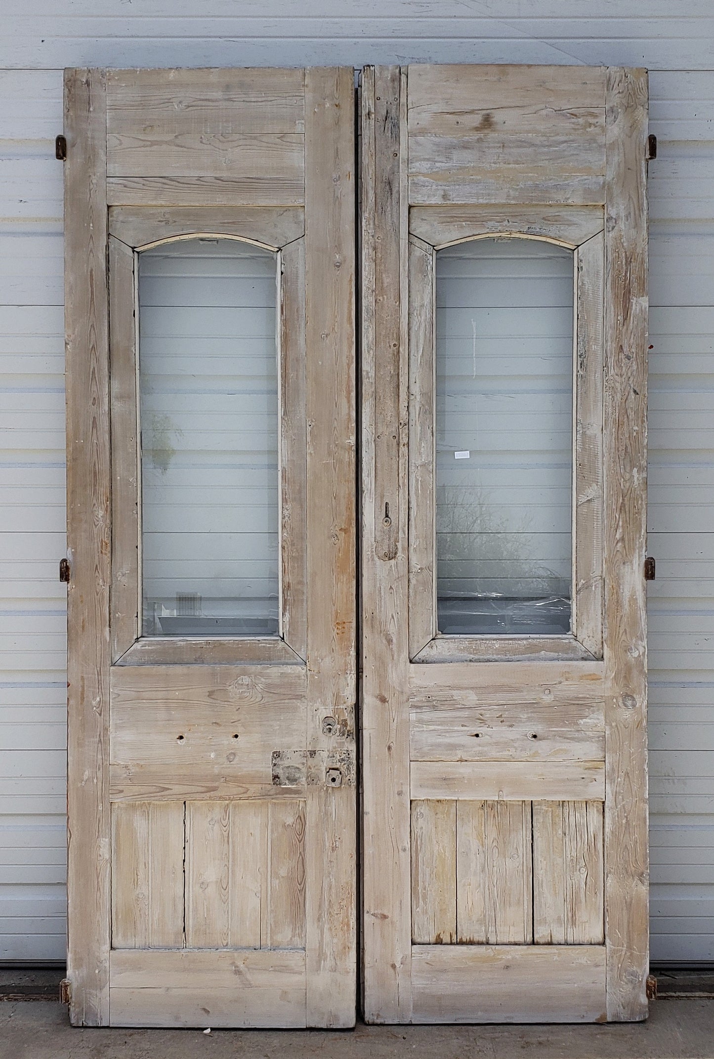 Pair of Washed Antique Entrance Carved Doors w/2 Lites