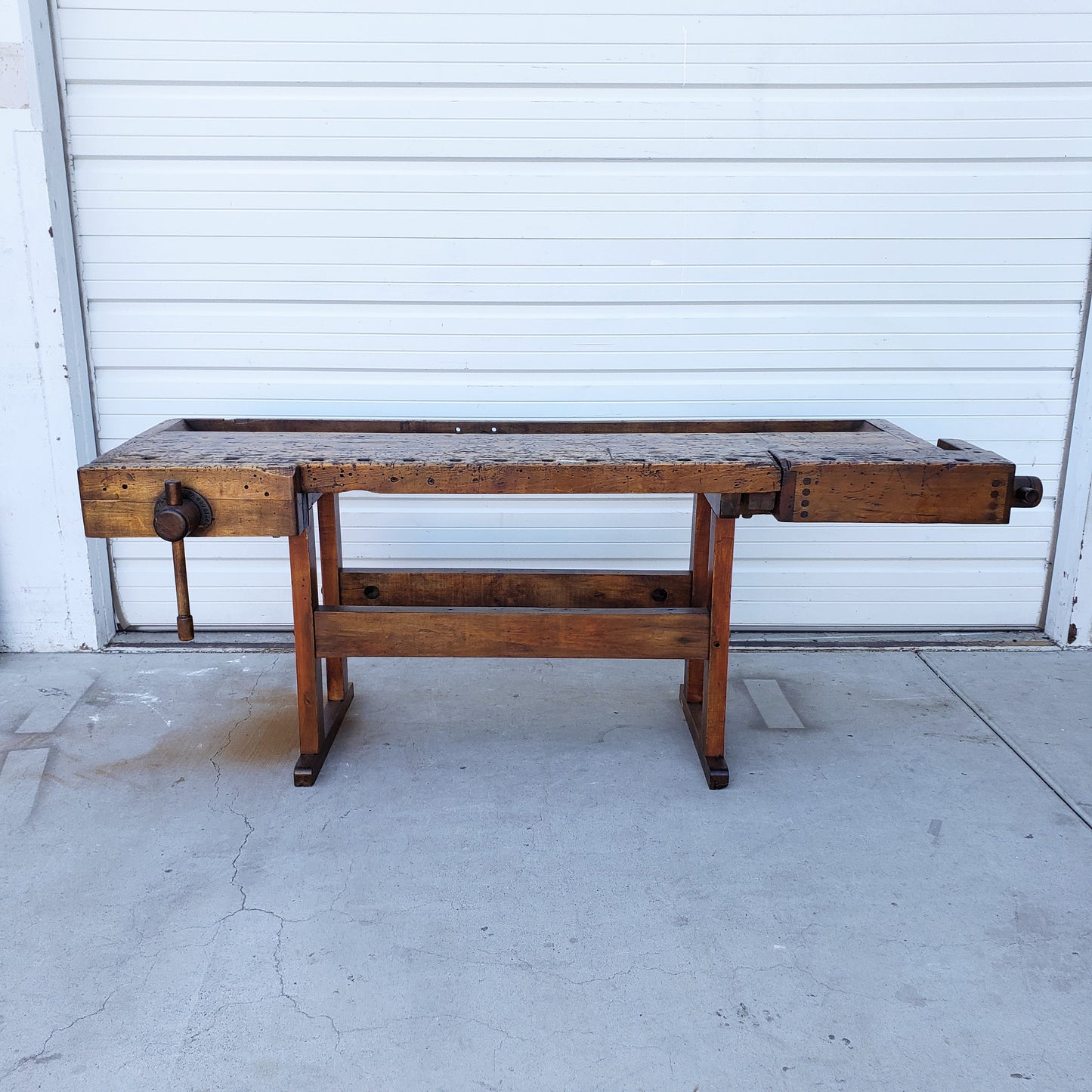 Stained Wooden Work Table with Vice