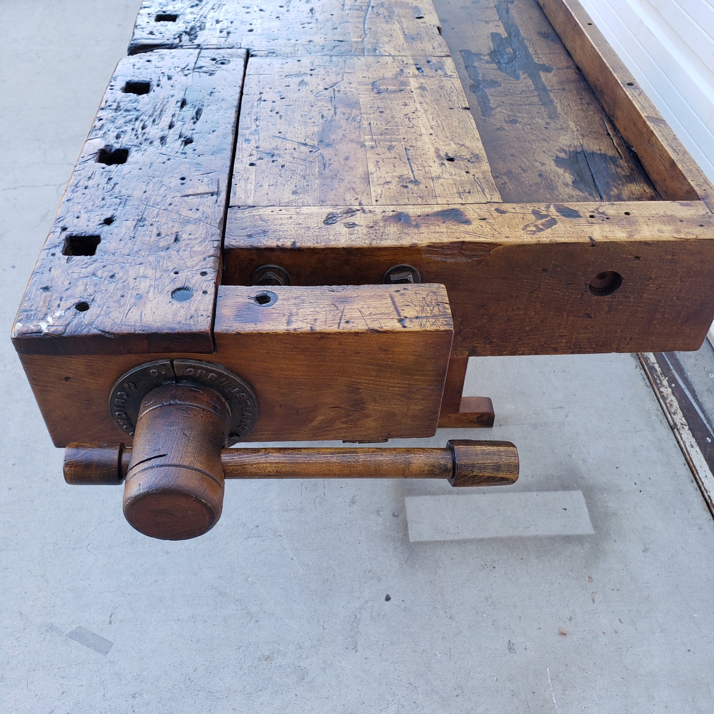 Stained Wooden Work Table with Vice