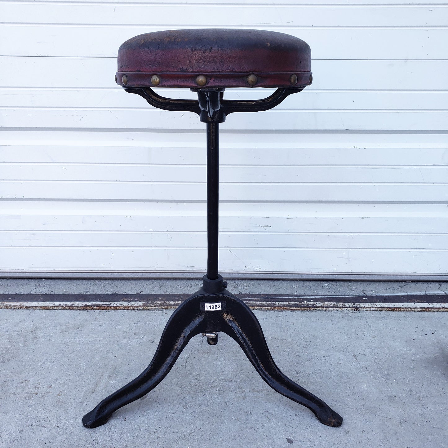 Fixed Height Antique Leather Top Swivel Stool with Cast Iron Base