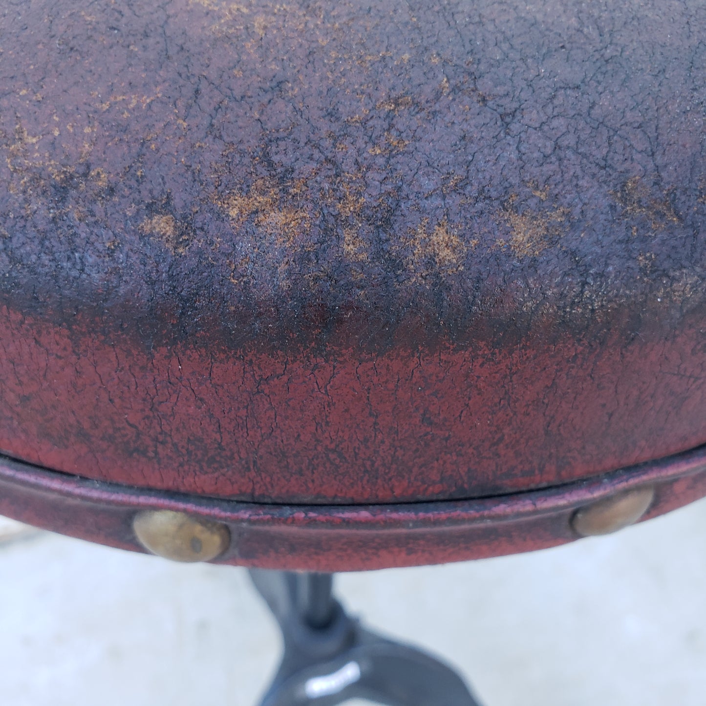 Fixed Height Antique Leather Top Swivel Stool with Cast Iron Base