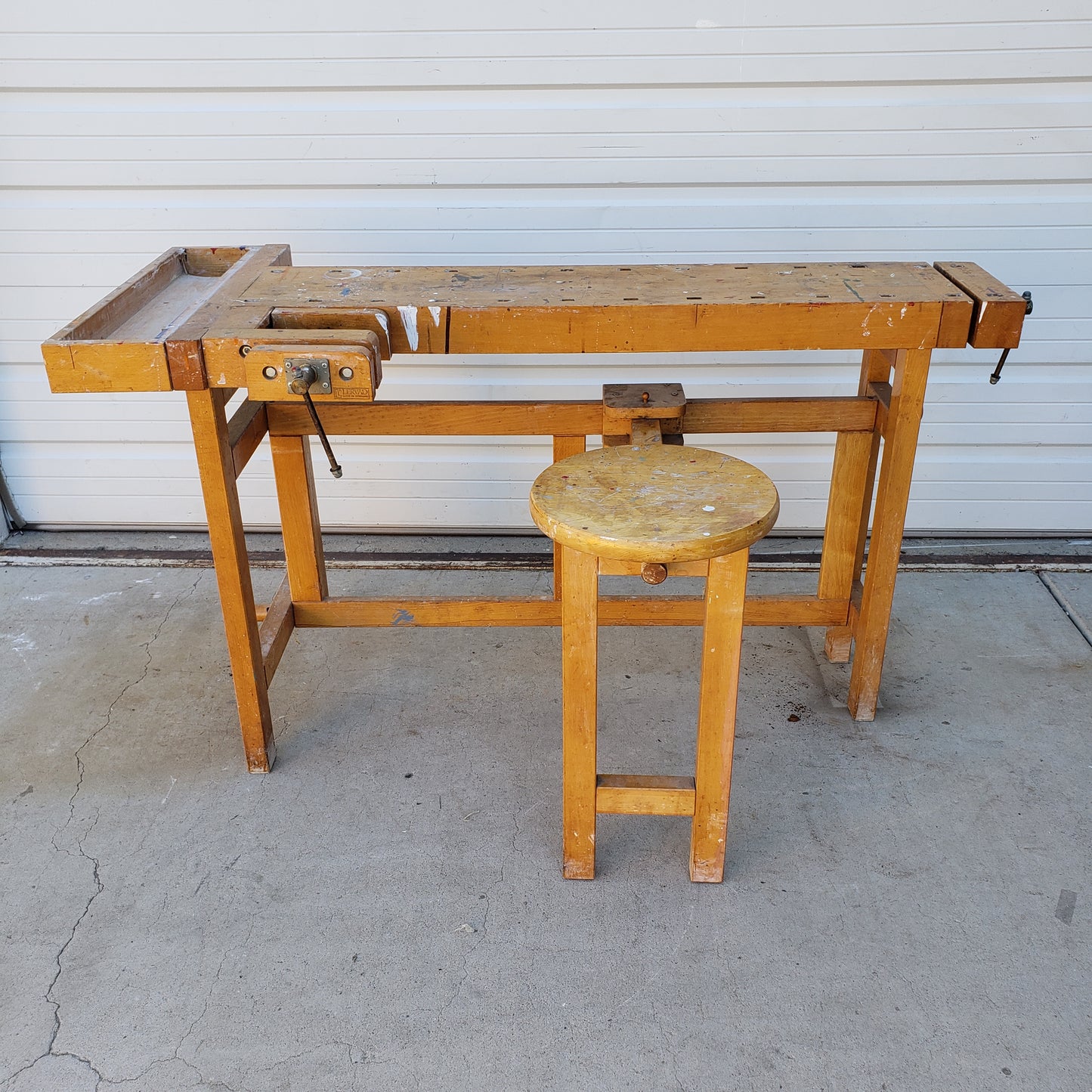La Lervad Wooden Work Table with Removable Sliding Stool and Two Vices - Made in Denmark