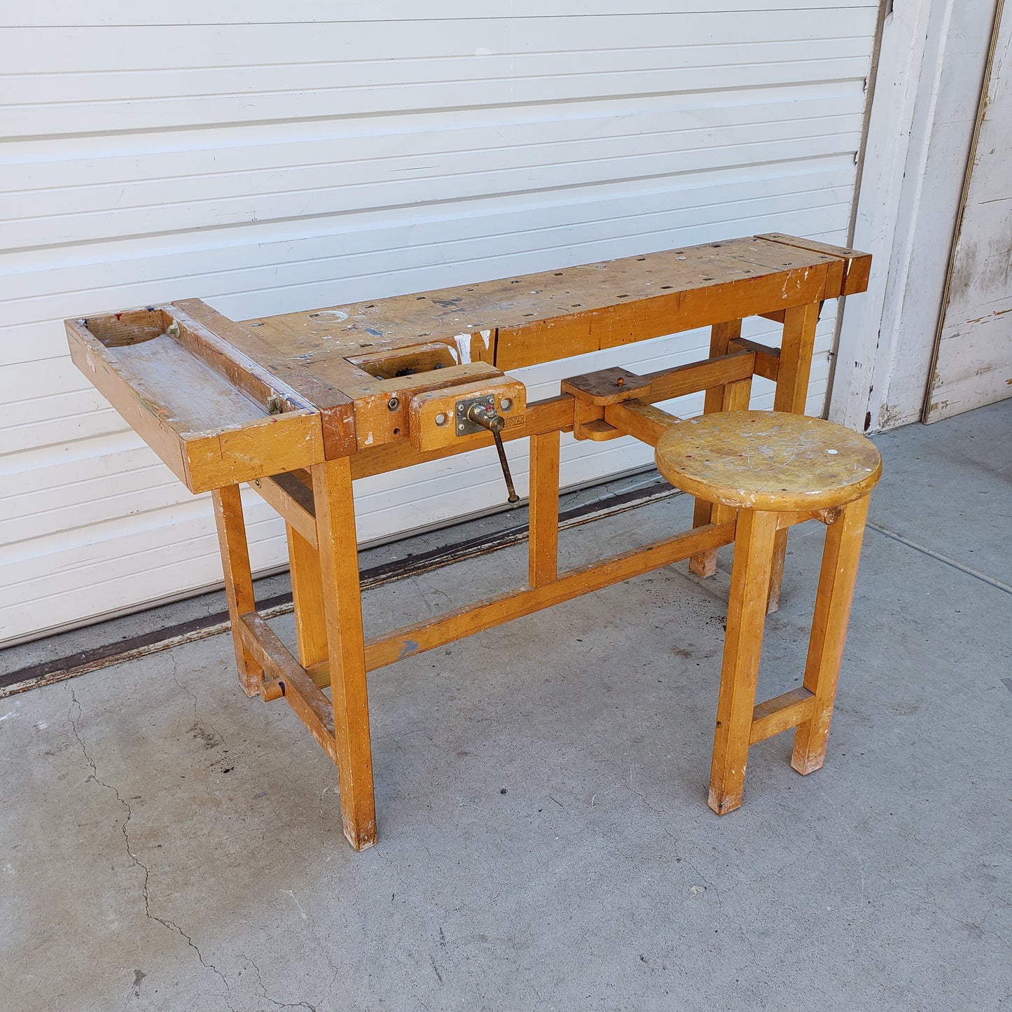 La Lervad Wooden Work Table with Removable Sliding Stool and Two Vices - Made in Denmark