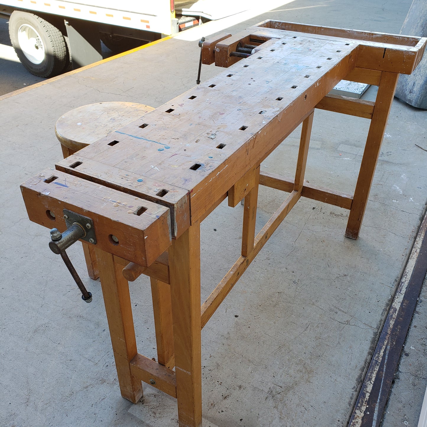 La Lervad Wooden Work Table with Removable Sliding Stool and Two Vices - Made in Denmark