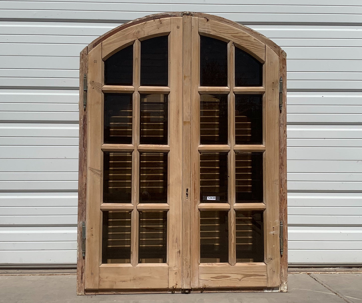 Antique 16 Pane Arched Natural Wood Window & Shutter Set