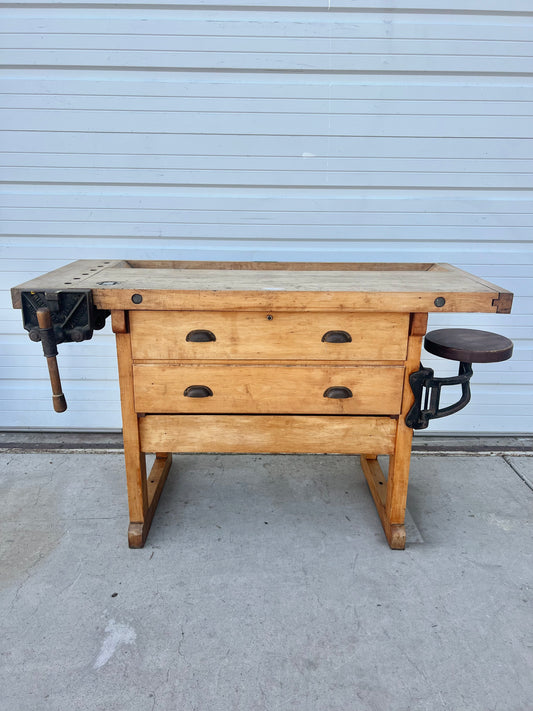 Wooden Work Table with Two Drawers, Vice and Mounted Stool