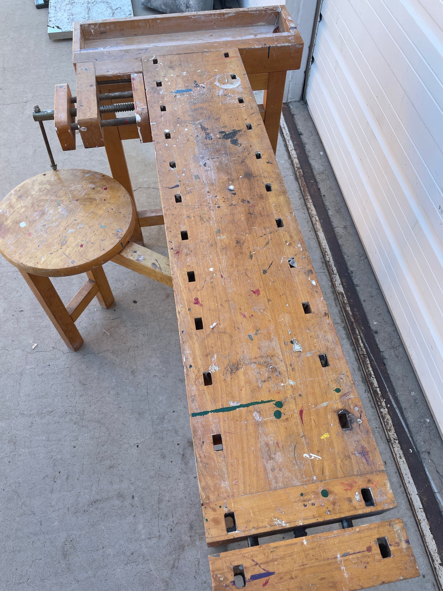 La Lervad Wooden Work Table with Removable Sliding Stool and Two Vices - Made in Denmark
