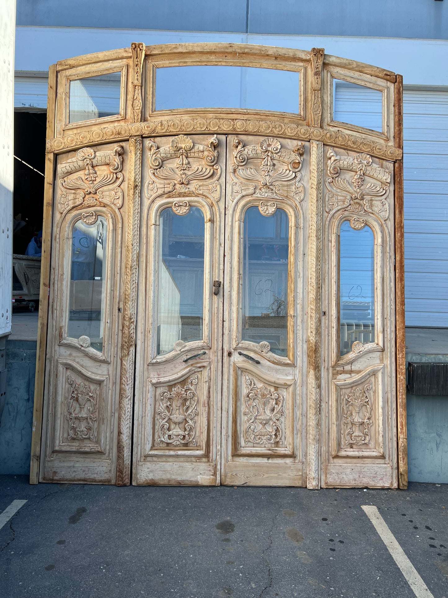 Set of 4 Arched Antique Wood Doors w/Transom and 7 Lites