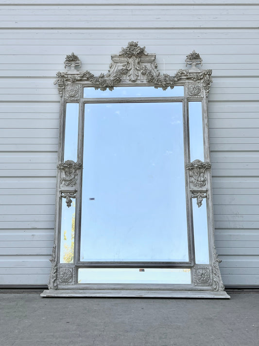 Grey Carved and Painted Rectangle Wood Mirror