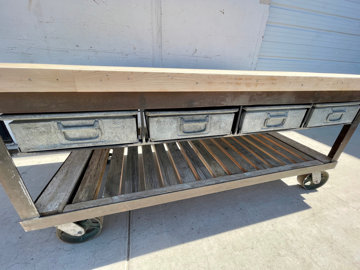 Rolling Butcher Block Island with 4 Metal Drawers