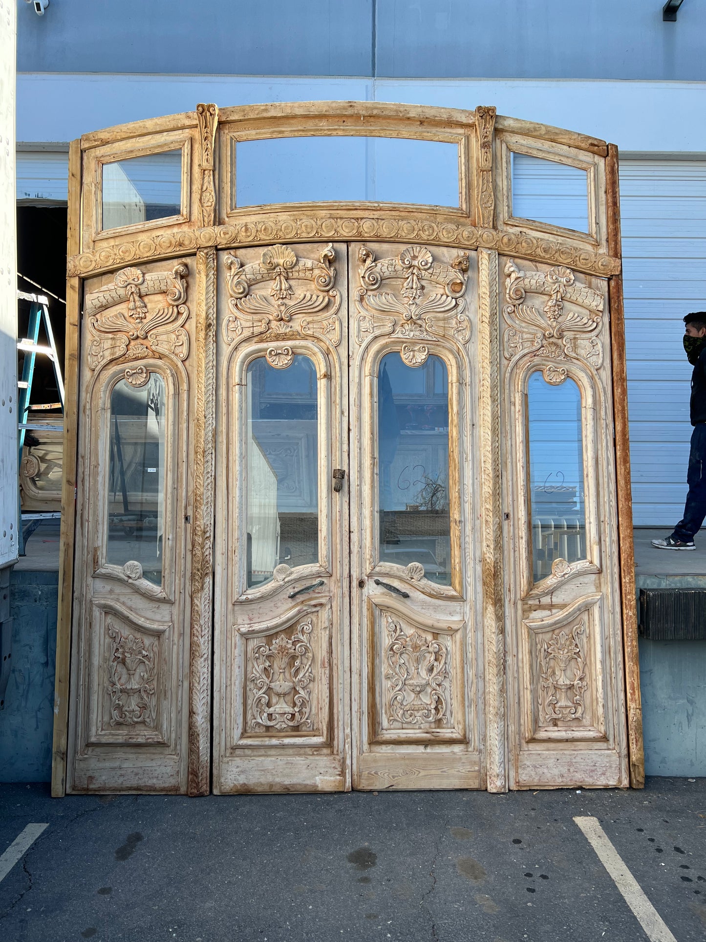 Set of 4 Arched Antique Wood Doors w/Transom and 7 Lites