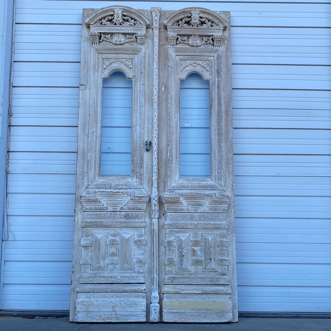 Pair of Wood Antique Carved Doors w/ Lites