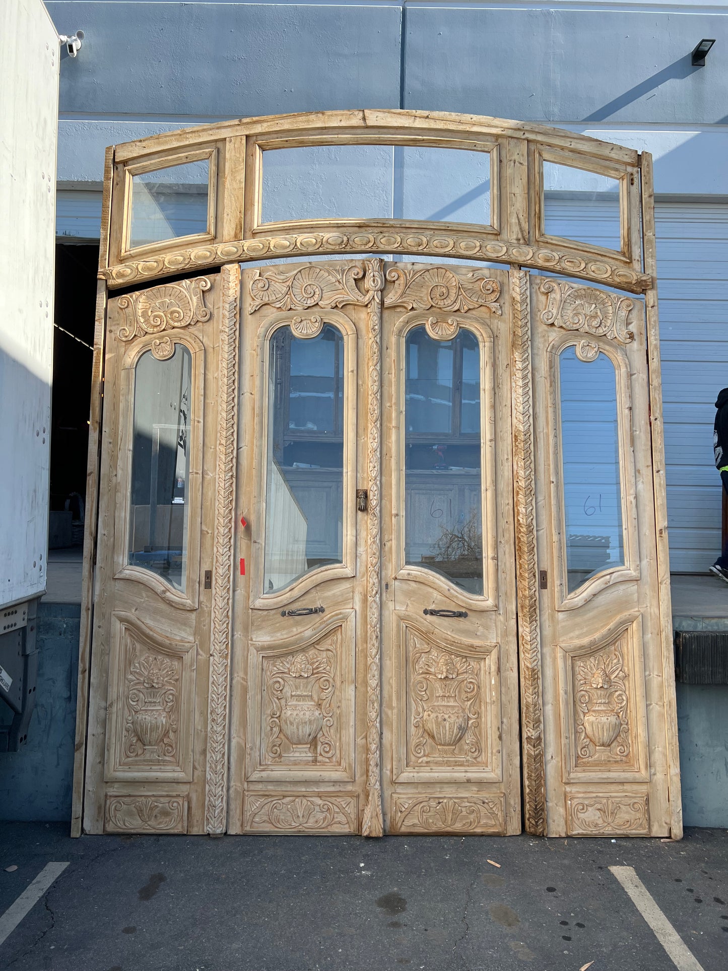 Set of 4 Antique Arched Carved Wood Doors with Transom