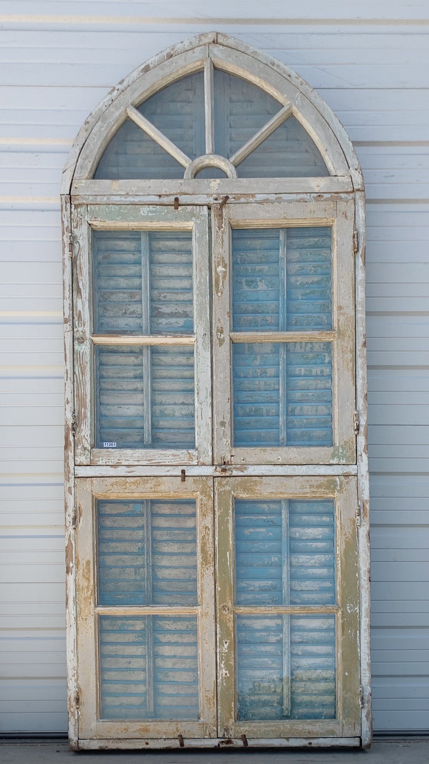Set of Arched White Windows and Shutters with 5 Pane Half-Round Style Transom