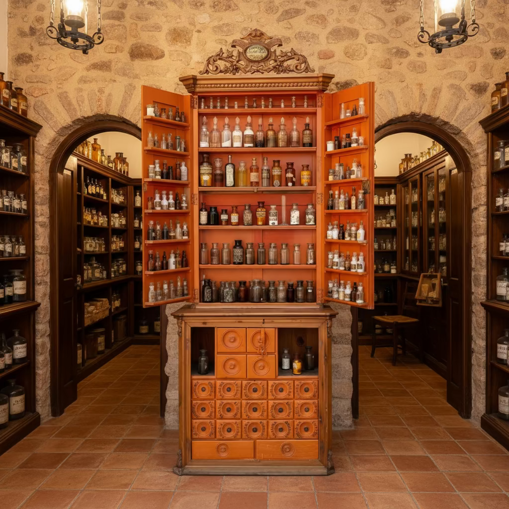 Spanish Antique Apothecary Cabinet, ca. 1800s with Original Bottles